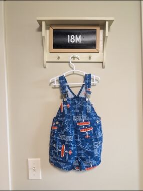 Toddler Blue Airplane Print Short Overalls